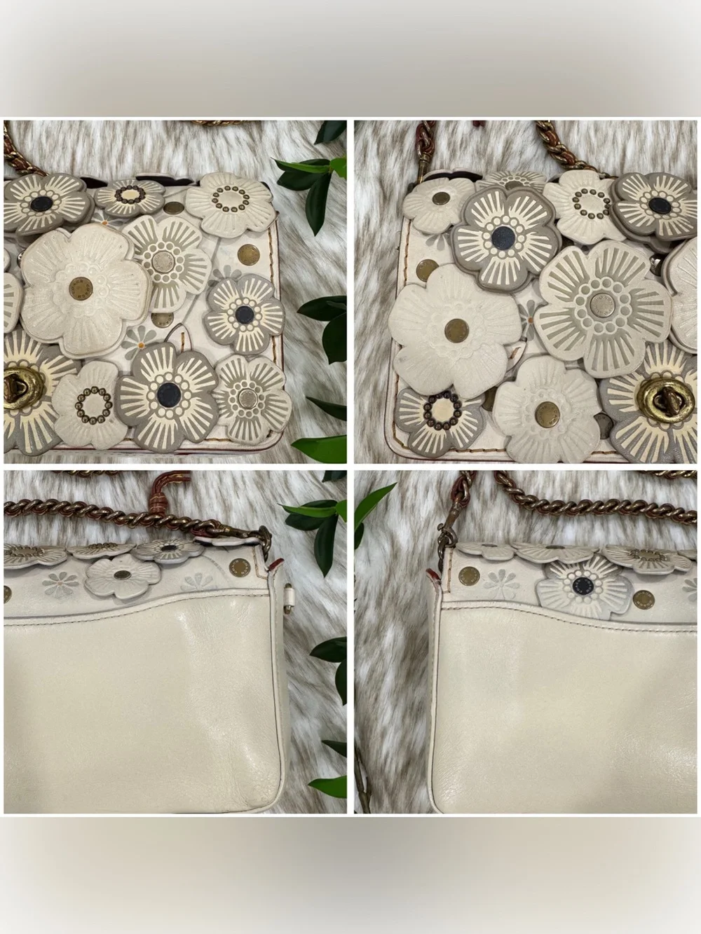 Coach Tea Rose Cream Floral Appliqué Crossbody with Gold Chain